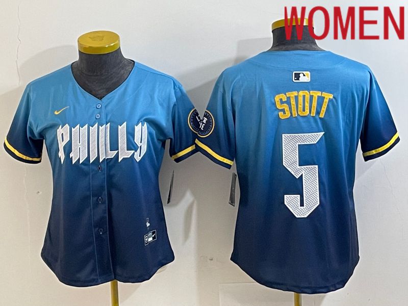 Women Philadelphia Phillies 5 Stott Blue City Edition Nike 2024 MLB Jersey style 1